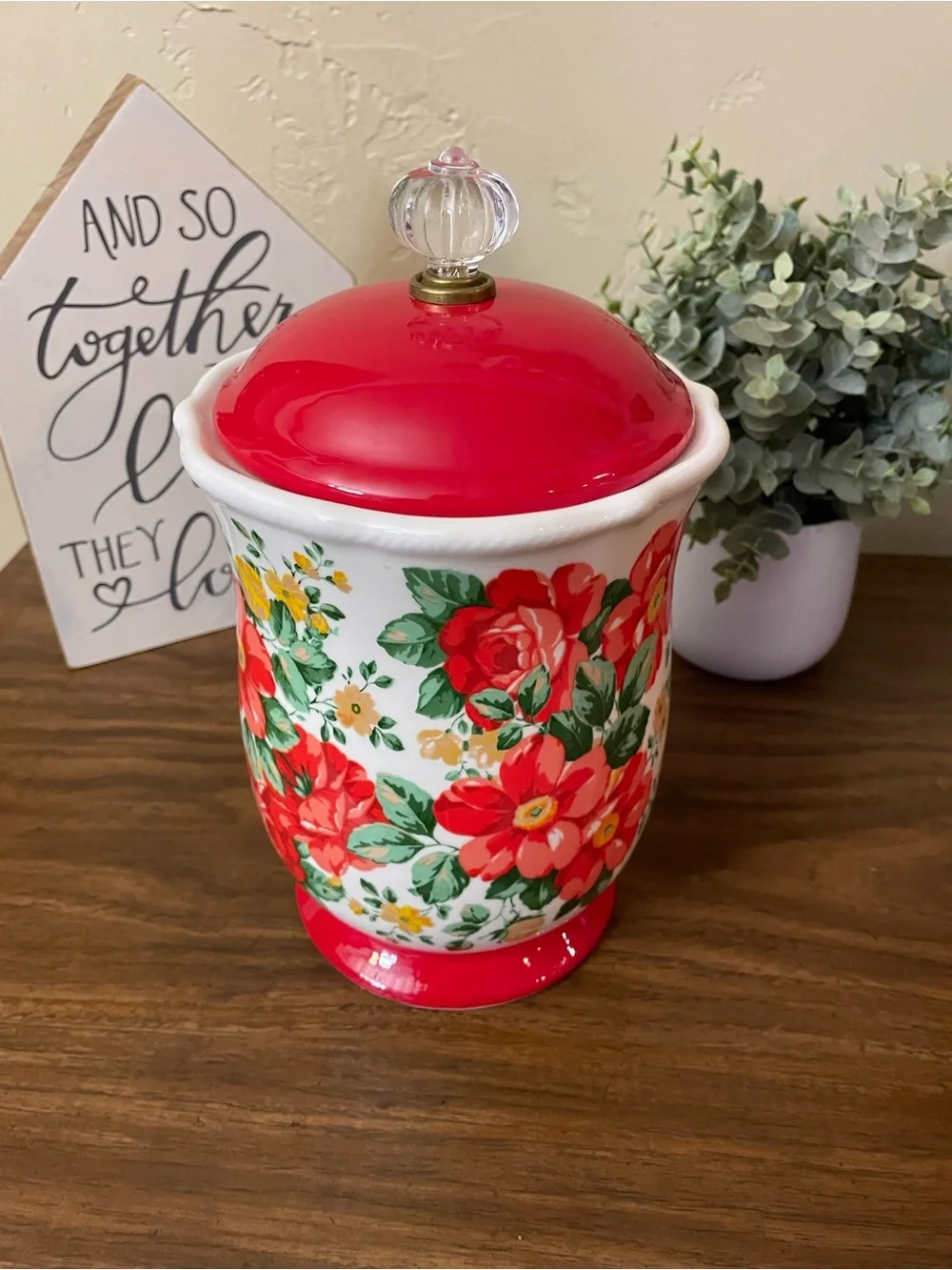 Pioneer Woman Cookie Jar Floral Ceramic Canister with Red Lid